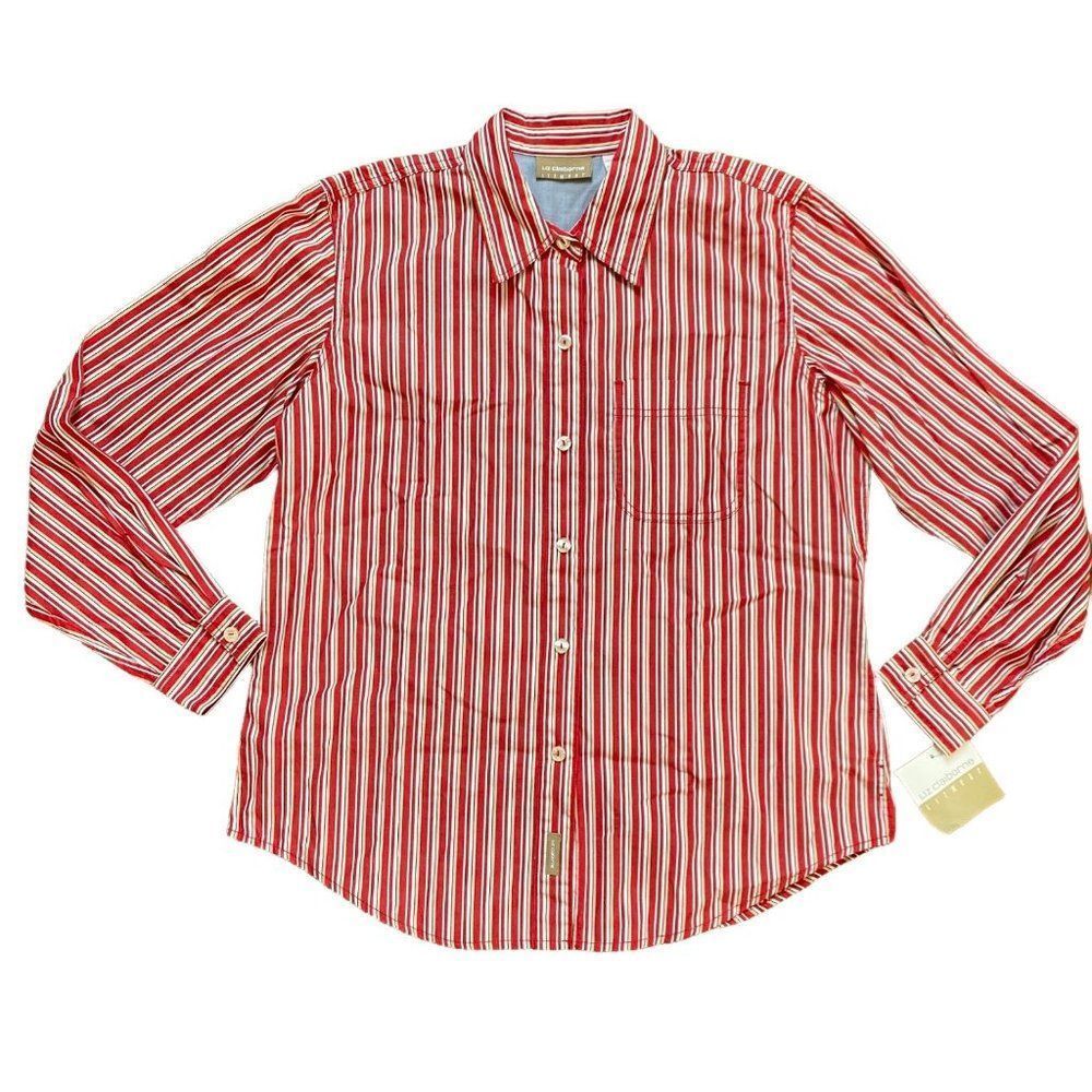 Vintage Liz Claiborne Button Up Shirt Red White Striped Blouse 90s Y2K Sz Medium